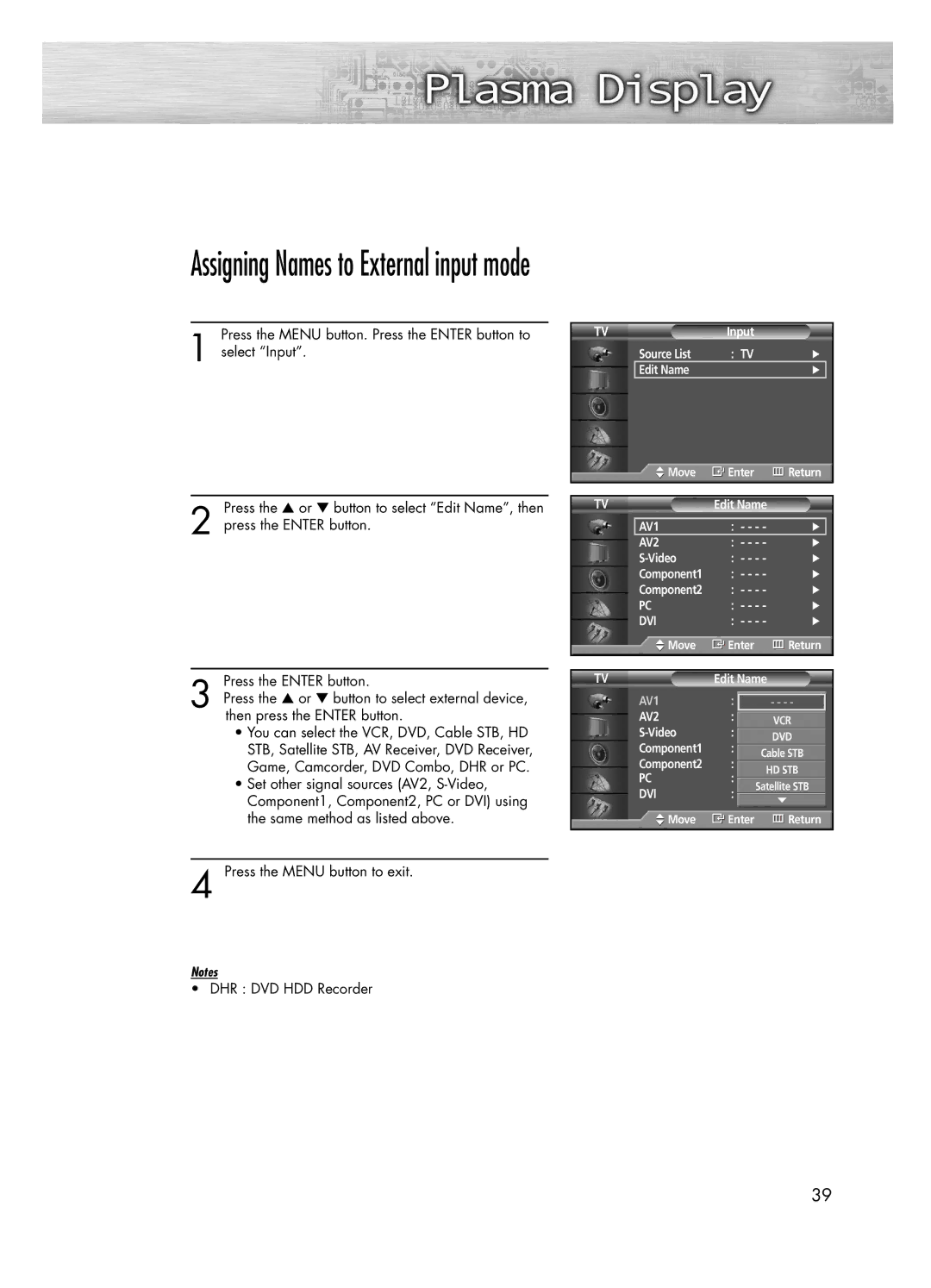 Samsung PL-50D4H manual Assigning Names to External input mode 