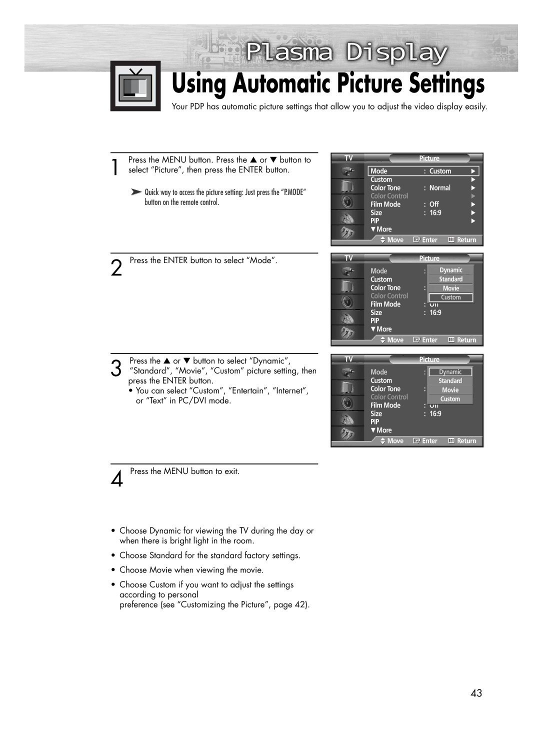 Samsung PL-50D4H manual Using Automatic Picture Settings 