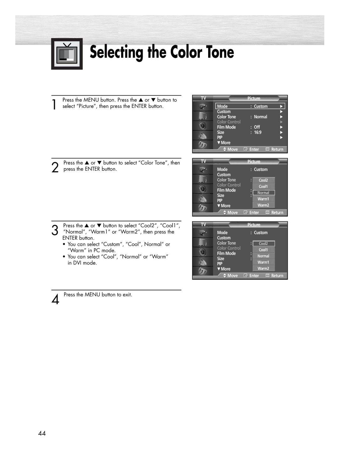 Samsung PL-50D4H manual Selecting the Color Tone 