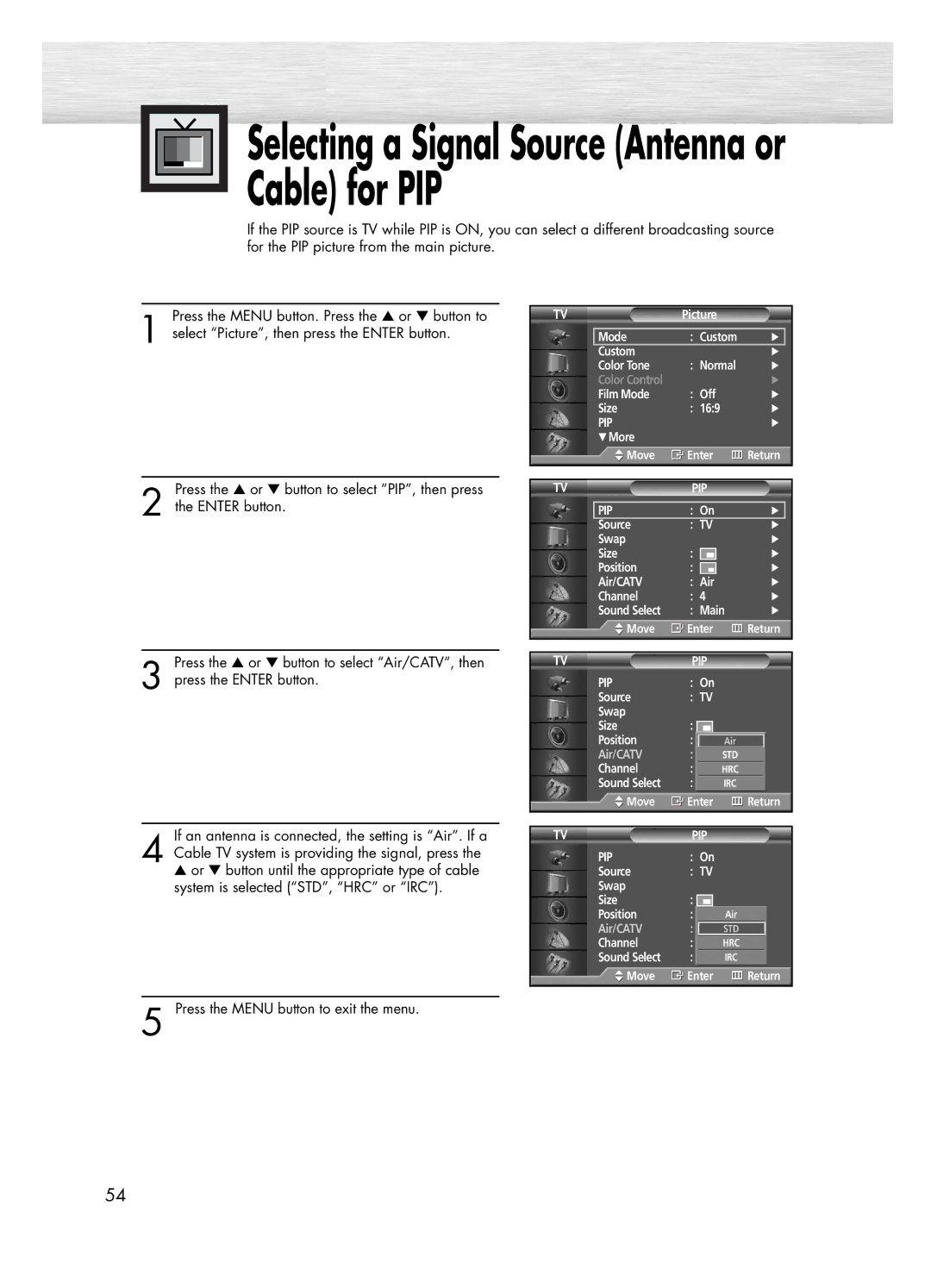 Samsung PL-50D4H manual Selecting a Signal Source Antenna or Cable for PIP 