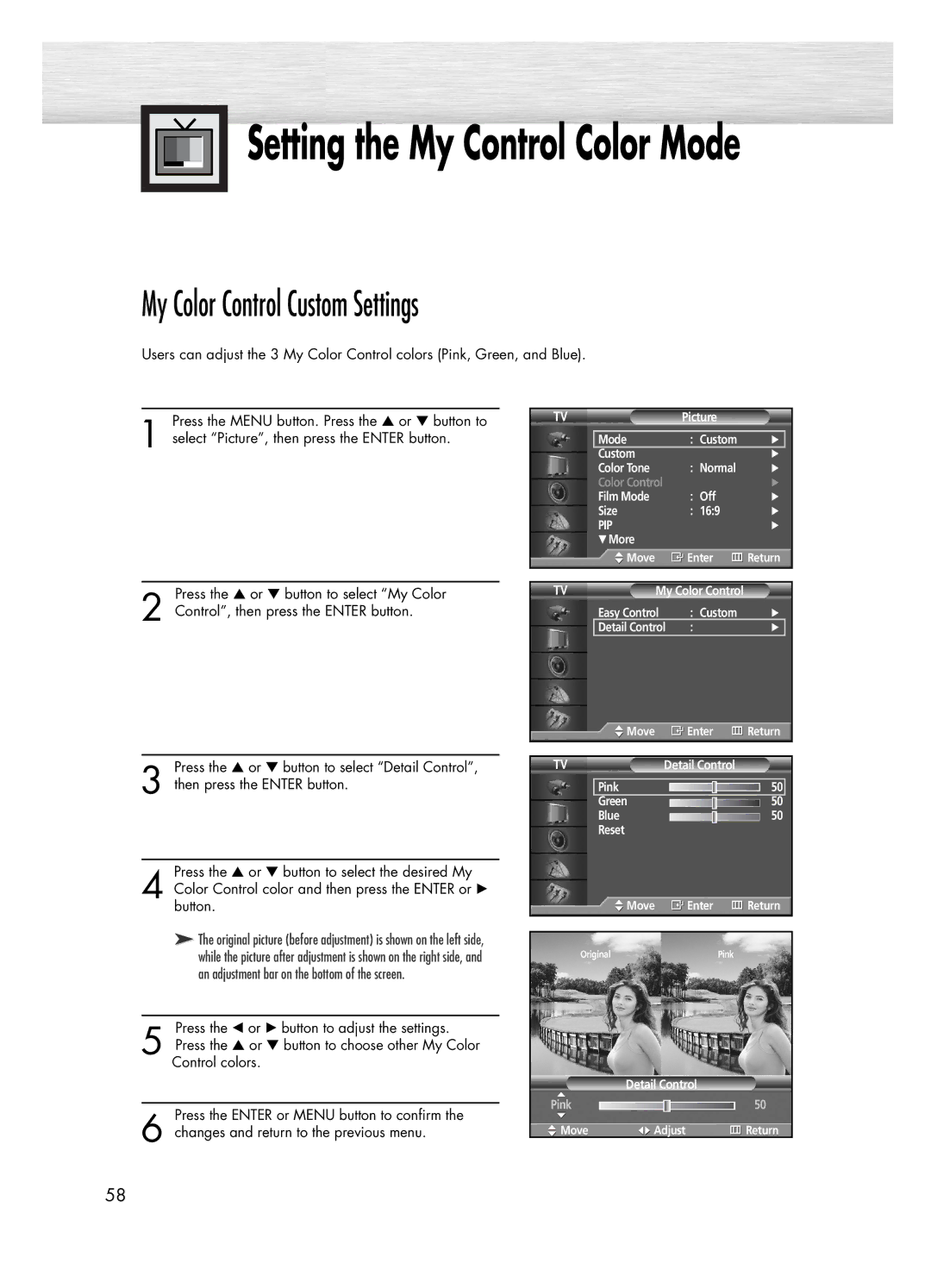 Samsung PL-50D4H manual Setting the My Control Color Mode, My Color Control Custom Settings 