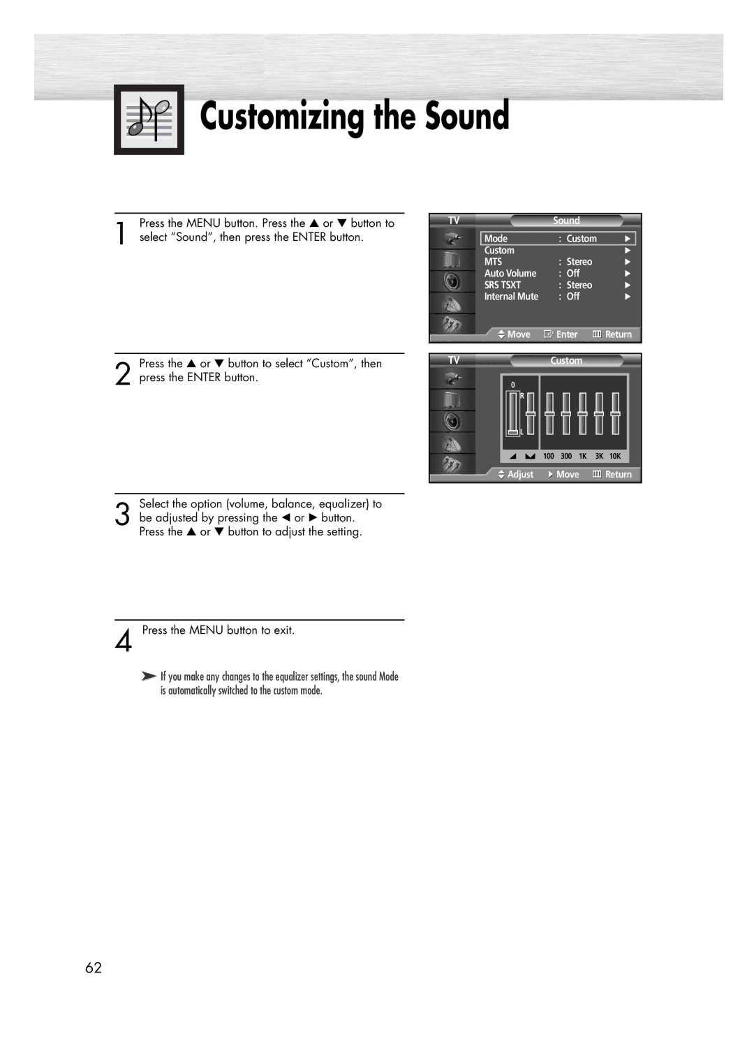 Samsung PL-50D4H manual Customizing the Sound 