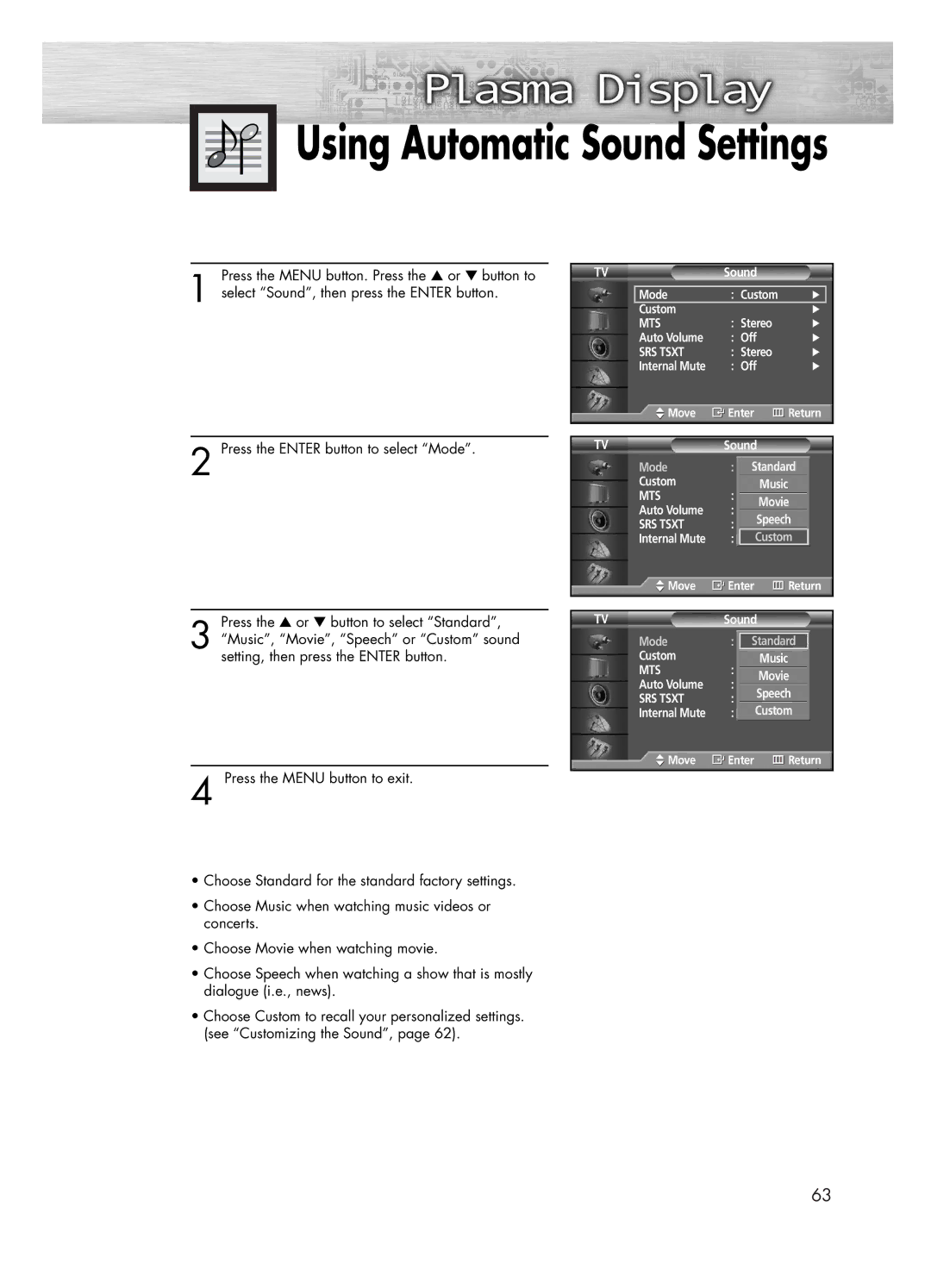 Samsung PL-50D4H manual Using Automatic Sound Settings 