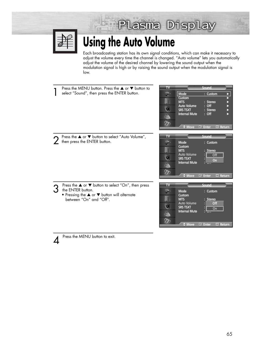 Samsung PL-50D4H manual Using the Auto Volume 