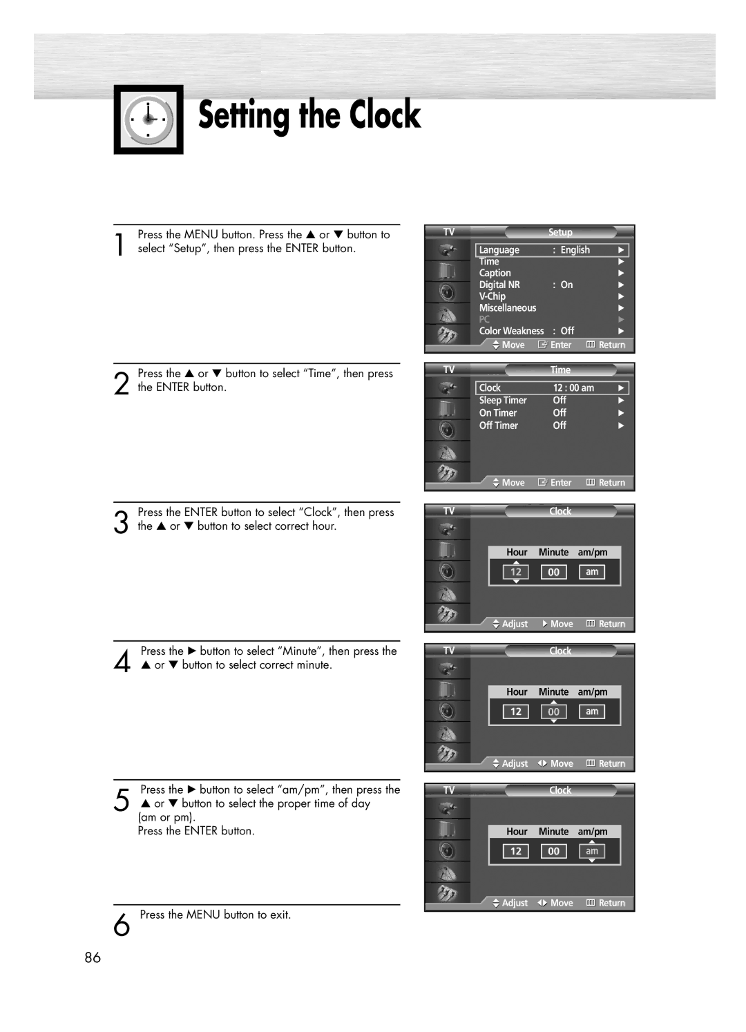 Samsung PL-50D4H manual Setting the Clock 