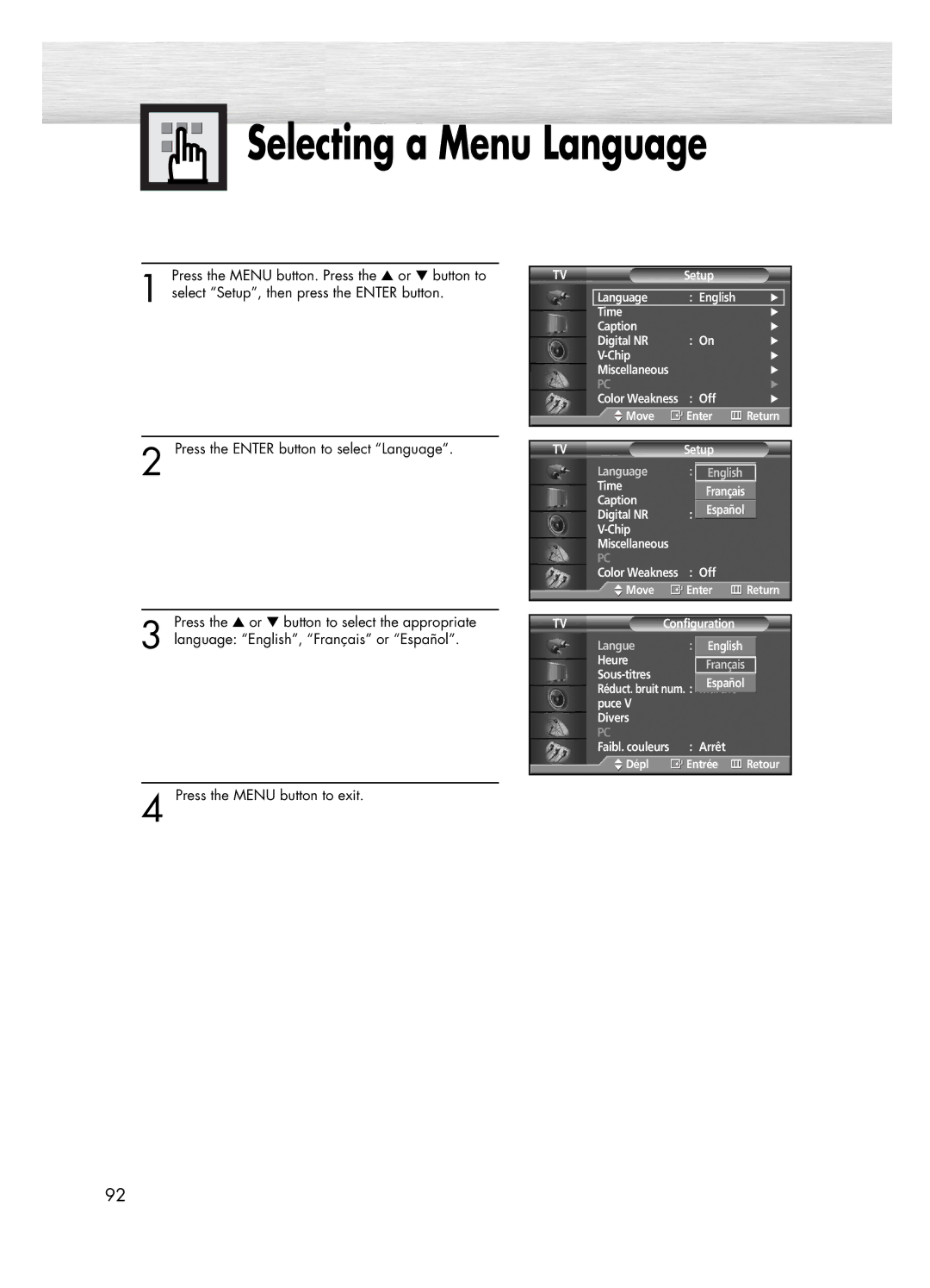 Samsung PL-50D4H manual Selecting a Menu Language 