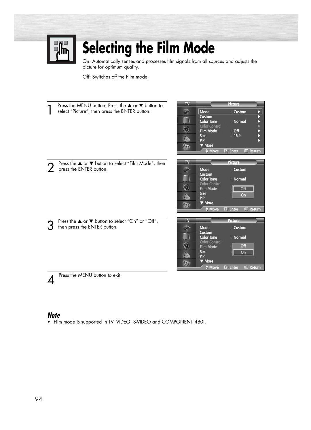 Samsung PL-50D4H manual Selecting the Film Mode 