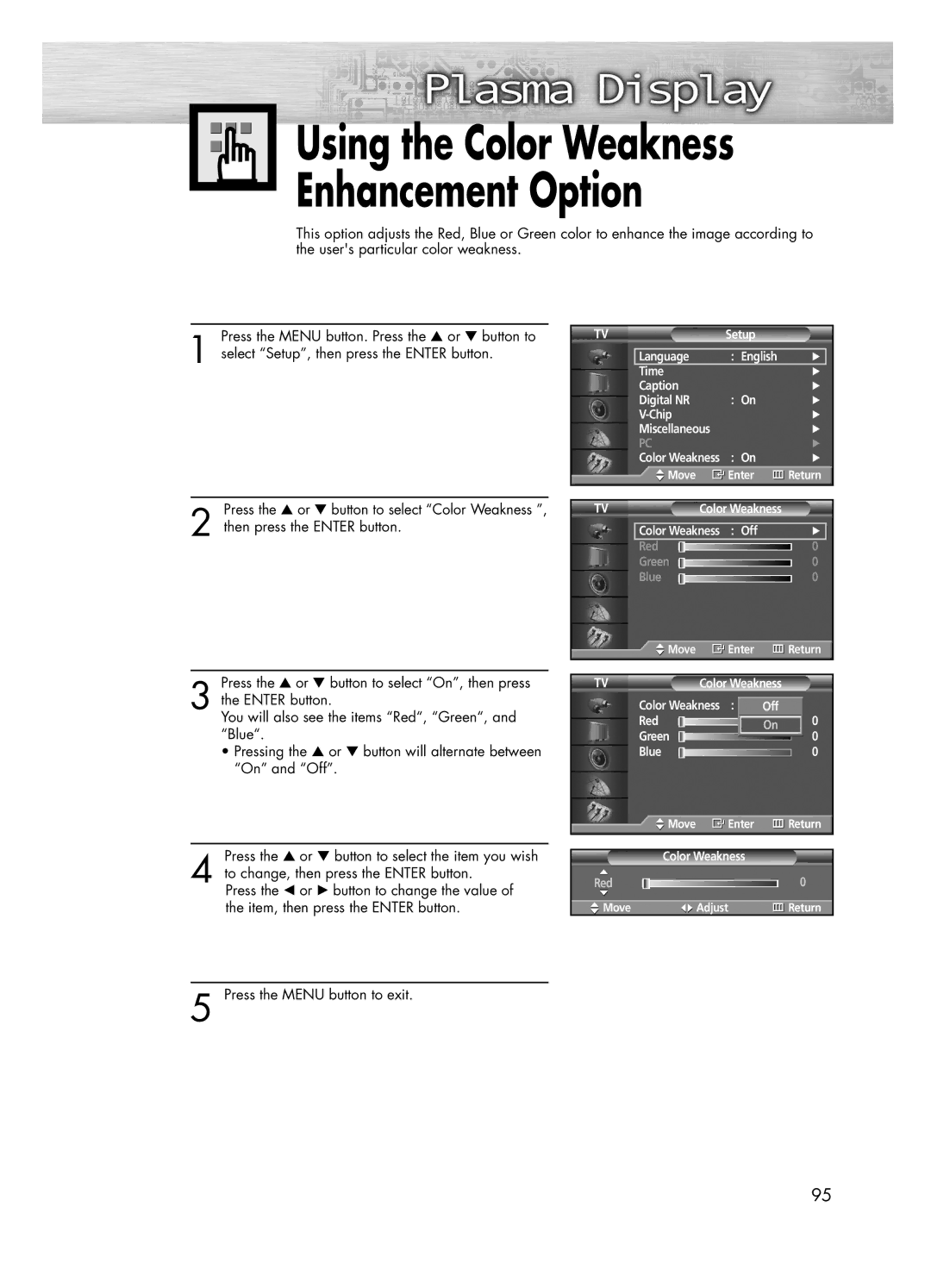 Samsung PL-50D4H manual Using the Color Weakness Enhancement Option 