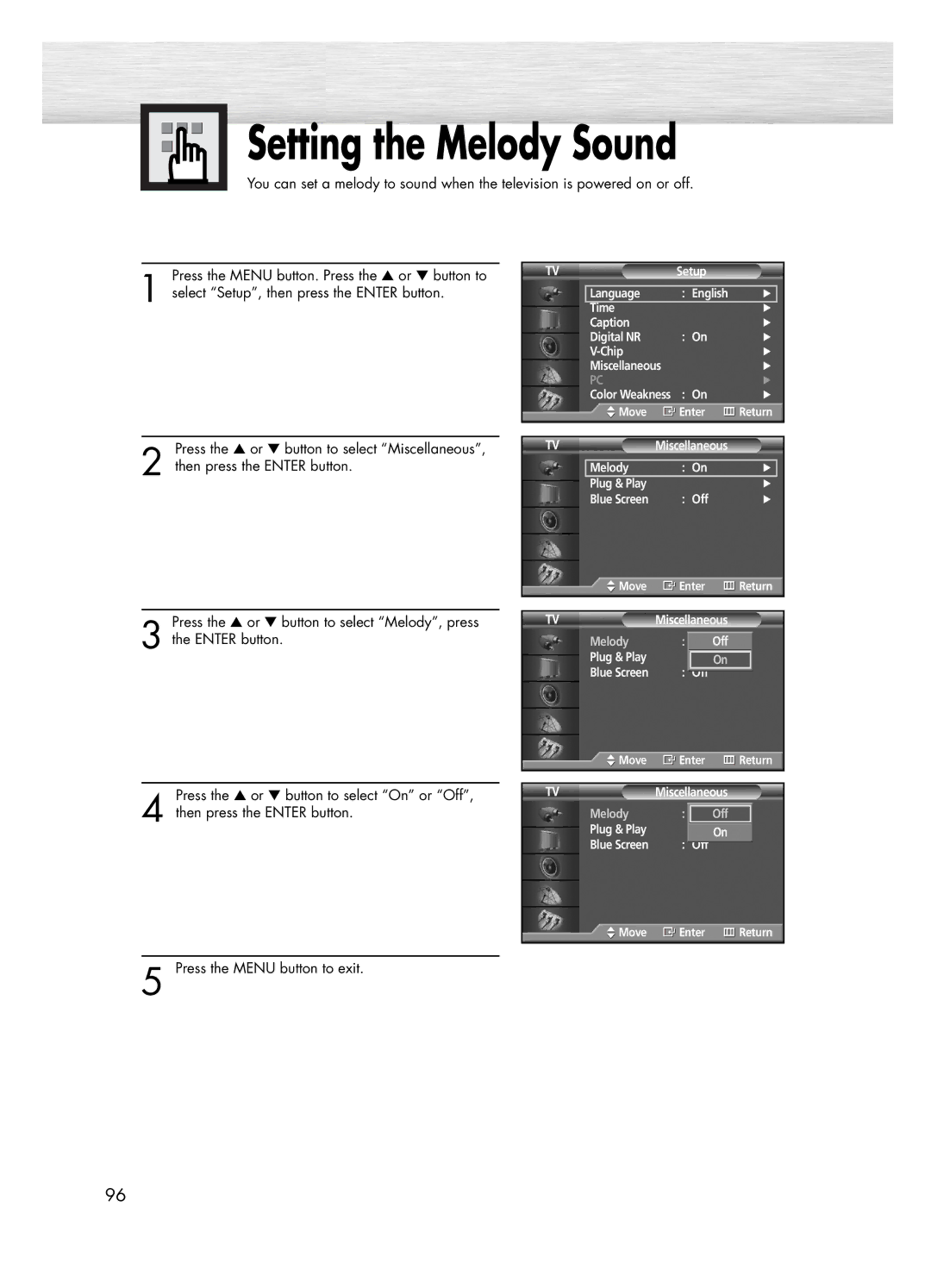 Samsung PL-50D4H manual Setting the Melody Sound 