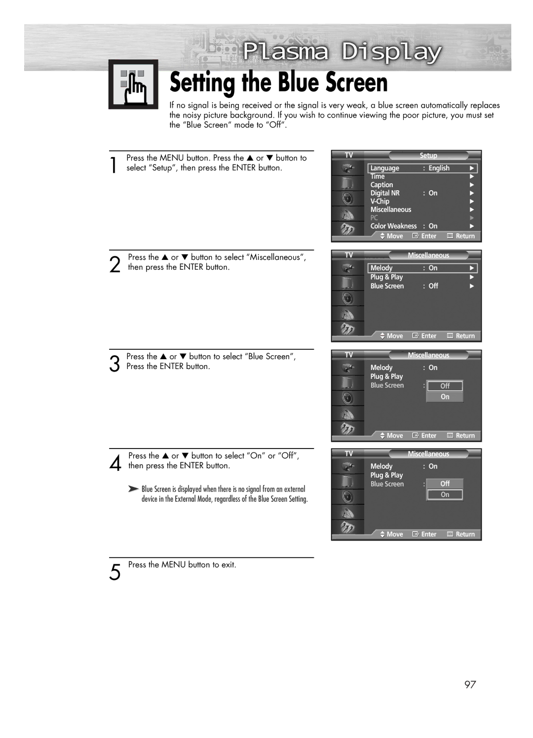 Samsung PL-50D4H manual Setting the Blue Screen 