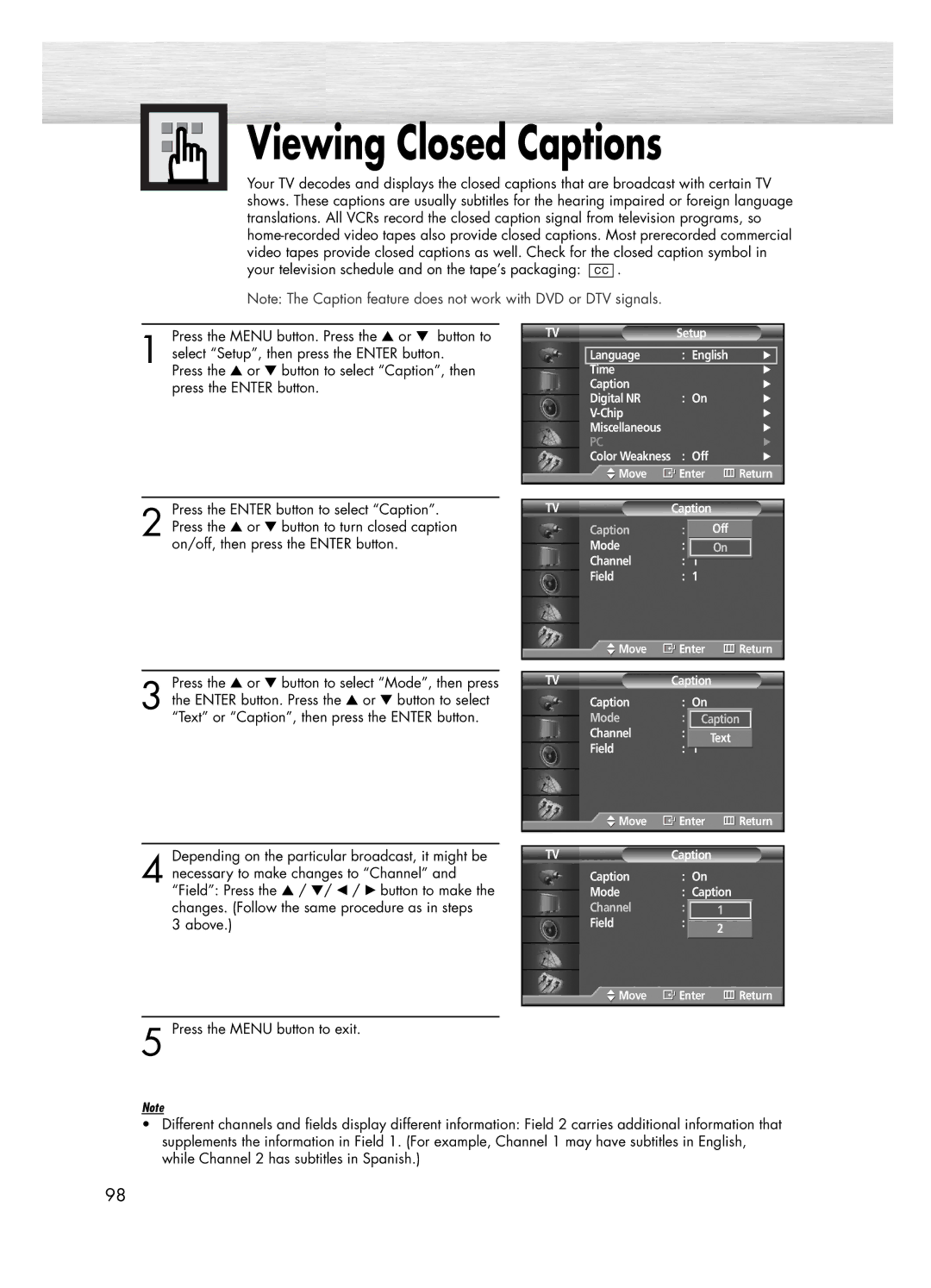 Samsung PL-50D4H manual Viewing Closed Captions 