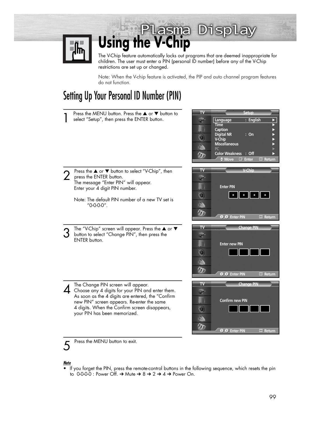 Samsung PL-50D4H manual Using the V-Chip, Setting Up Your Personal ID Number PIN 