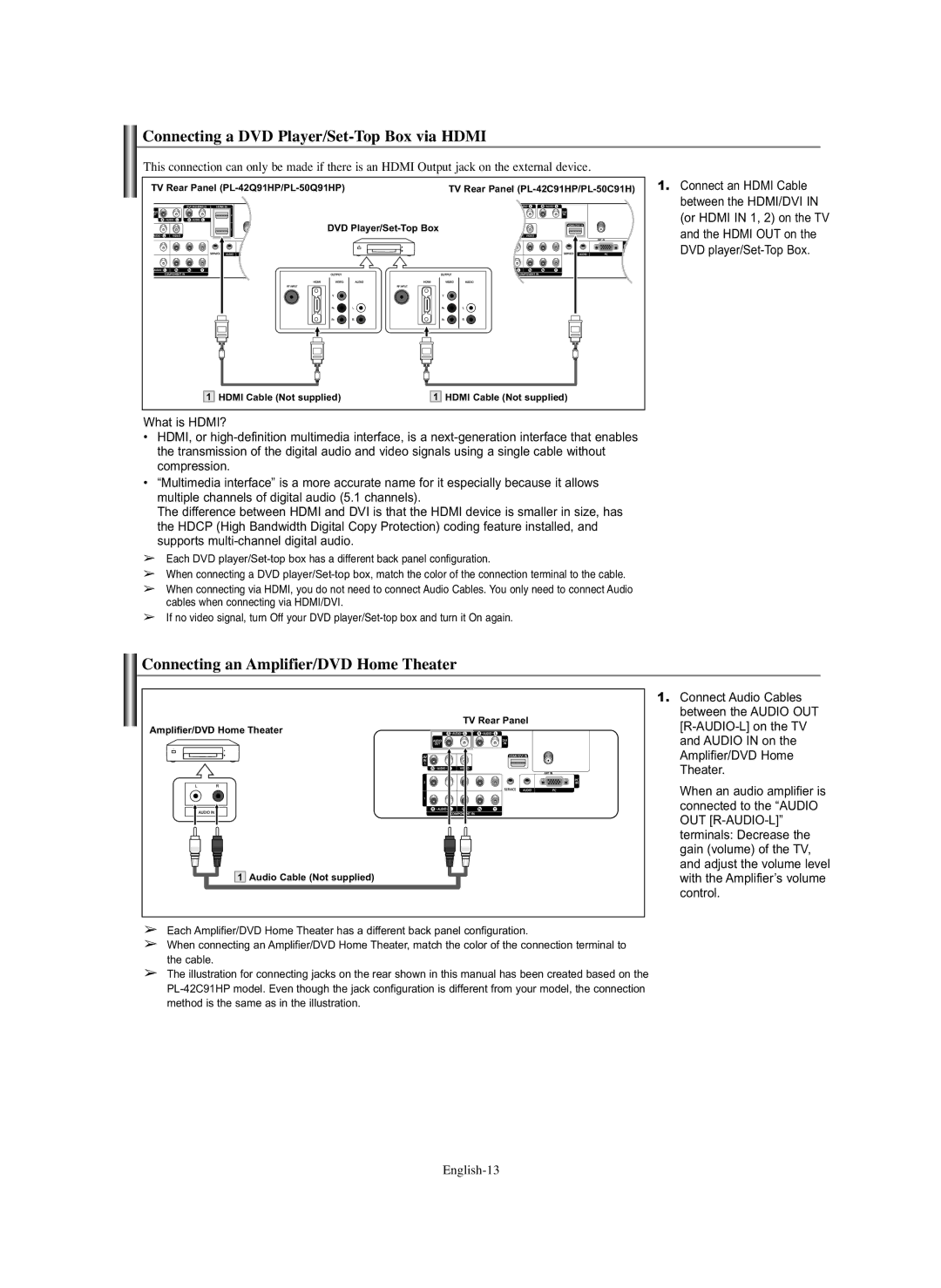 Samsung PL-50C91H, PL-50Q91HP manual Connecting a DVD Player/Set-Top Box via Hdmi, Connecting an Amplifier/DVD Home Theater 