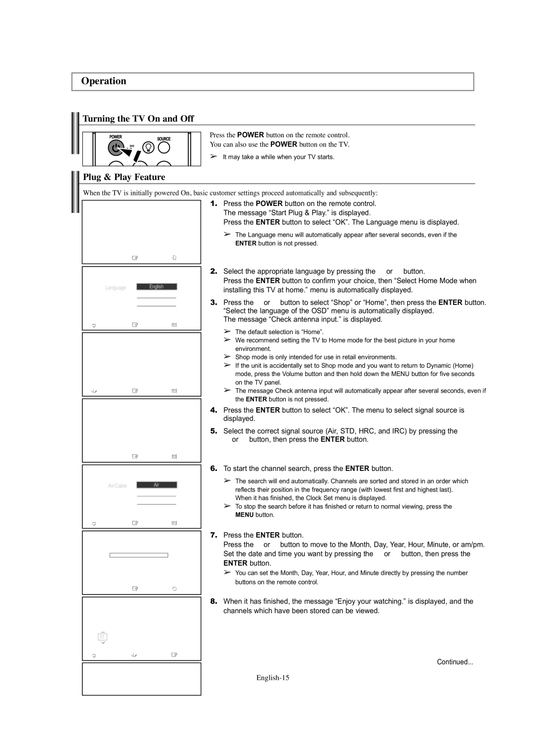 Samsung PL-42Q91HP, PL-50Q91HP, PL-50C91H, PL-42C91HP manual Operation, Turning the TV On and Off, Plug & Play Feature 