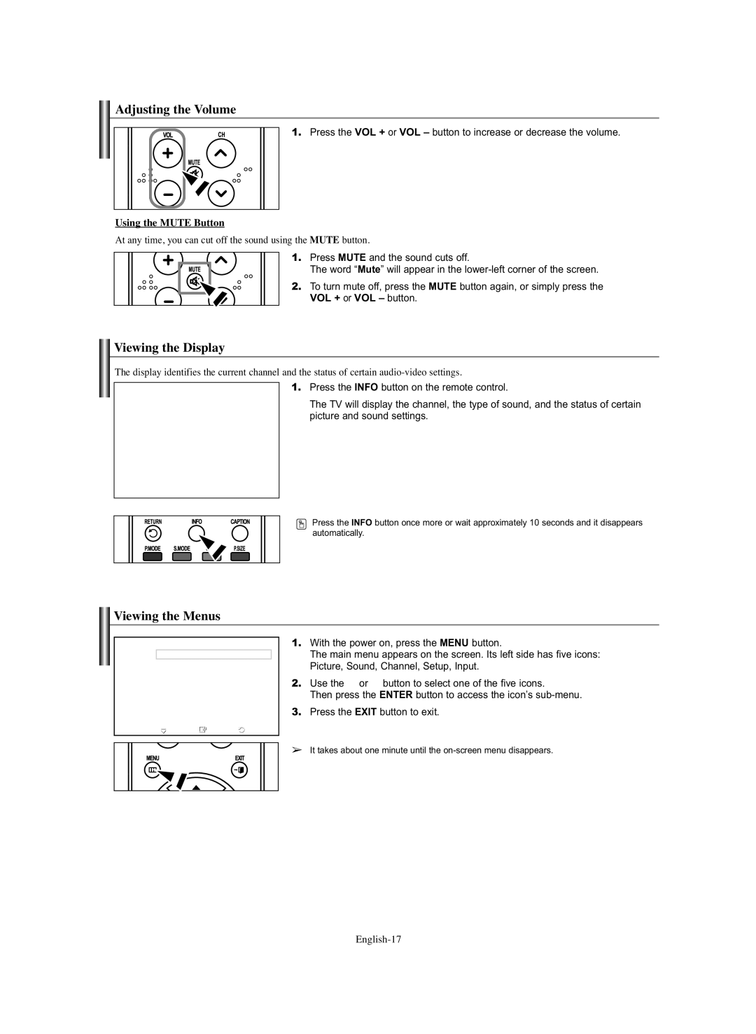 Samsung PL-50C91H, PL-50Q91HP manual Adjusting the Volume, Viewing the Display, Viewing the Menus, Using the Mute Button 