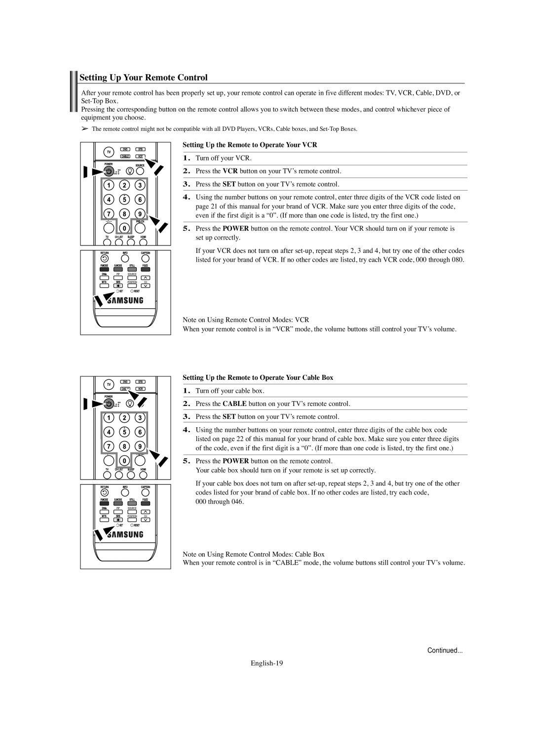 Samsung PL-42Q91HP, PL-50Q91HP, PL-50C91H, PL-42C91HP manual Setting Up Your Remote Control 