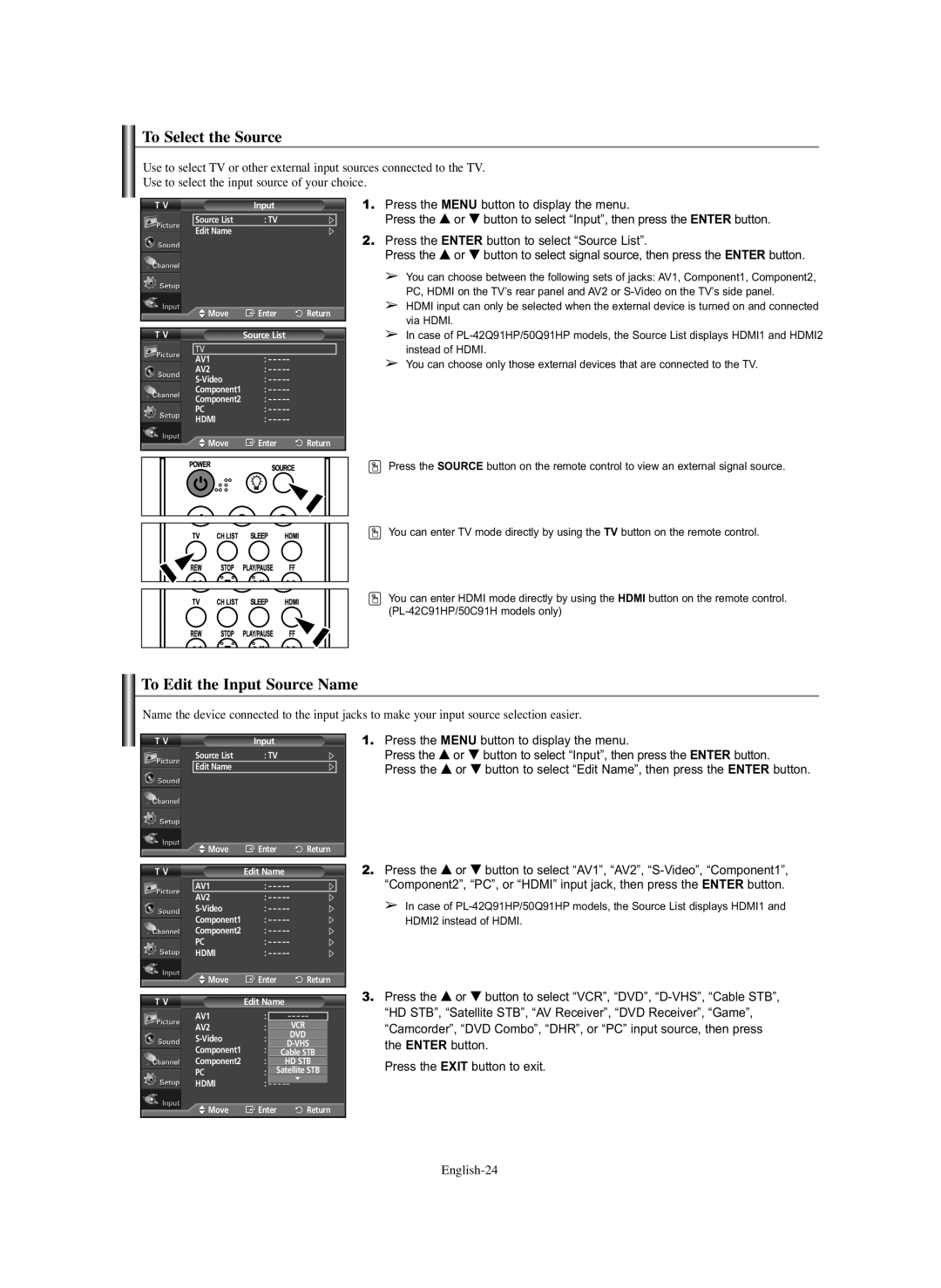 Samsung PL-50Q91HP, PL-50C91H, PL-42C91HP, PL-42Q91HP manual To Select the Source, To Edit the Input Source Name 