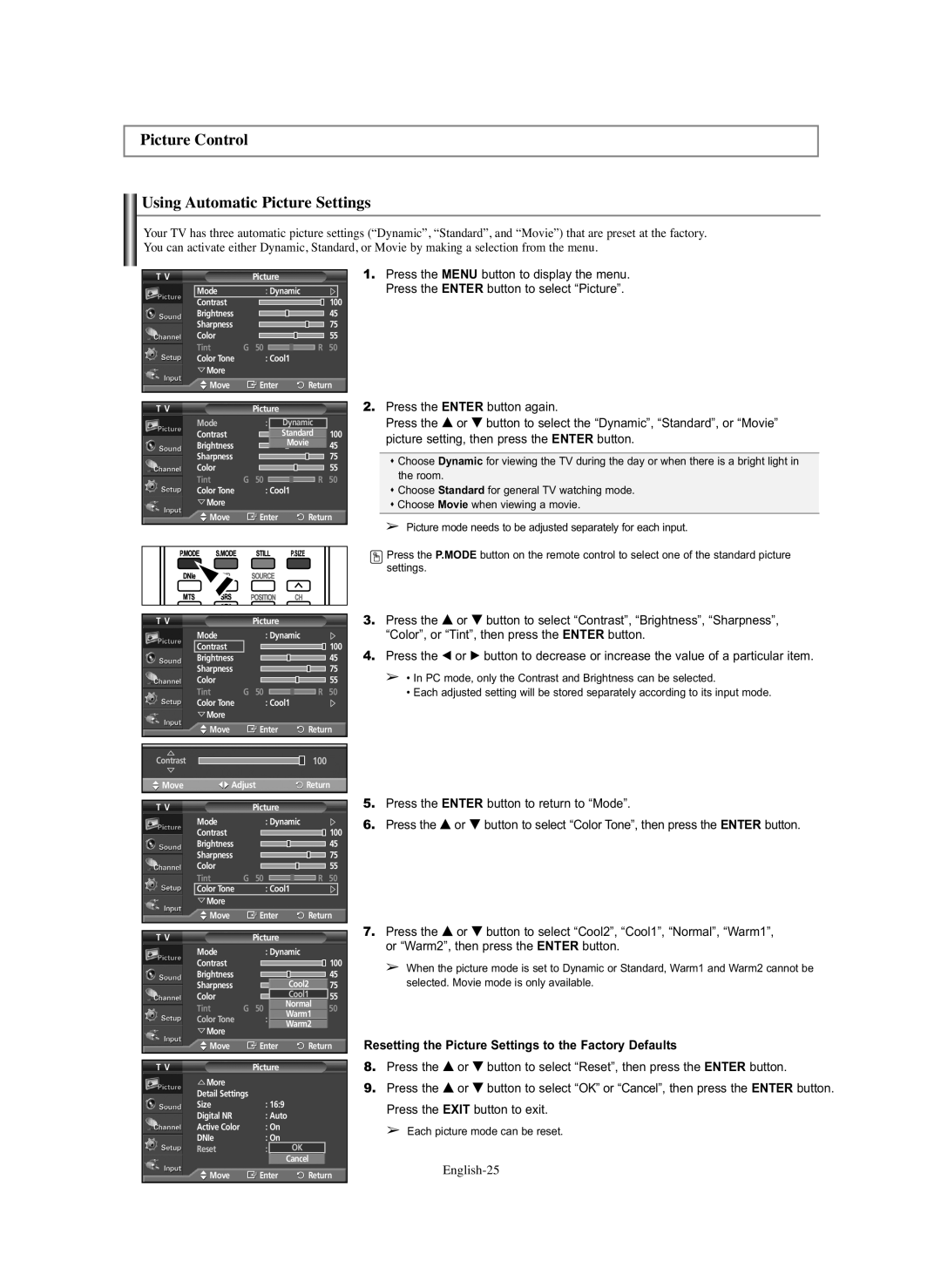 Samsung PL-50C91H Picture Control Using Automatic Picture Settings, Resetting the Picture Settings to the Factory Defaults 