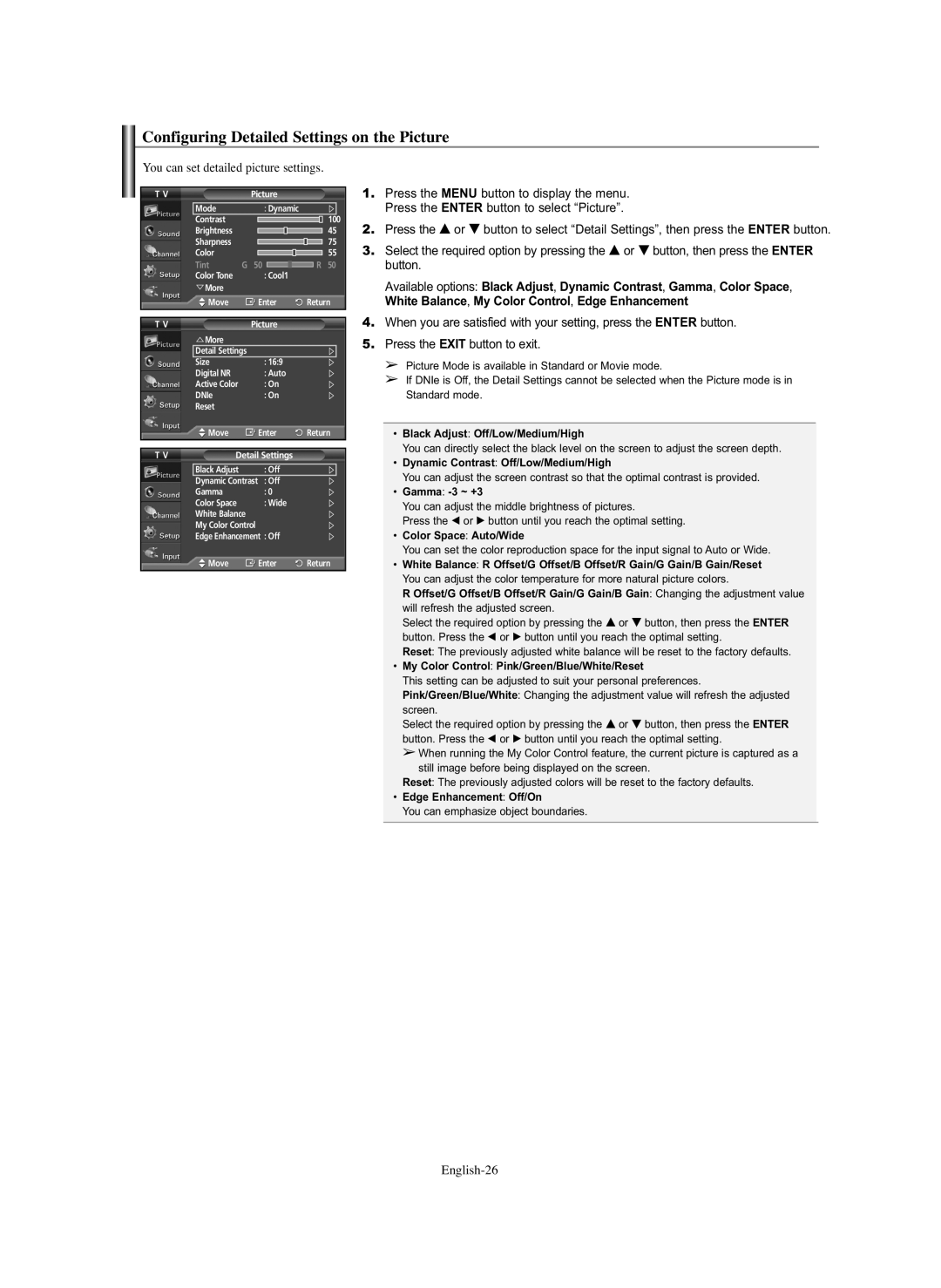 Samsung PL-42C91HP, PL-50Q91HP, PL-50C91H, PL-42Q91HP manual Configuring Detailed Settings on the Picture 