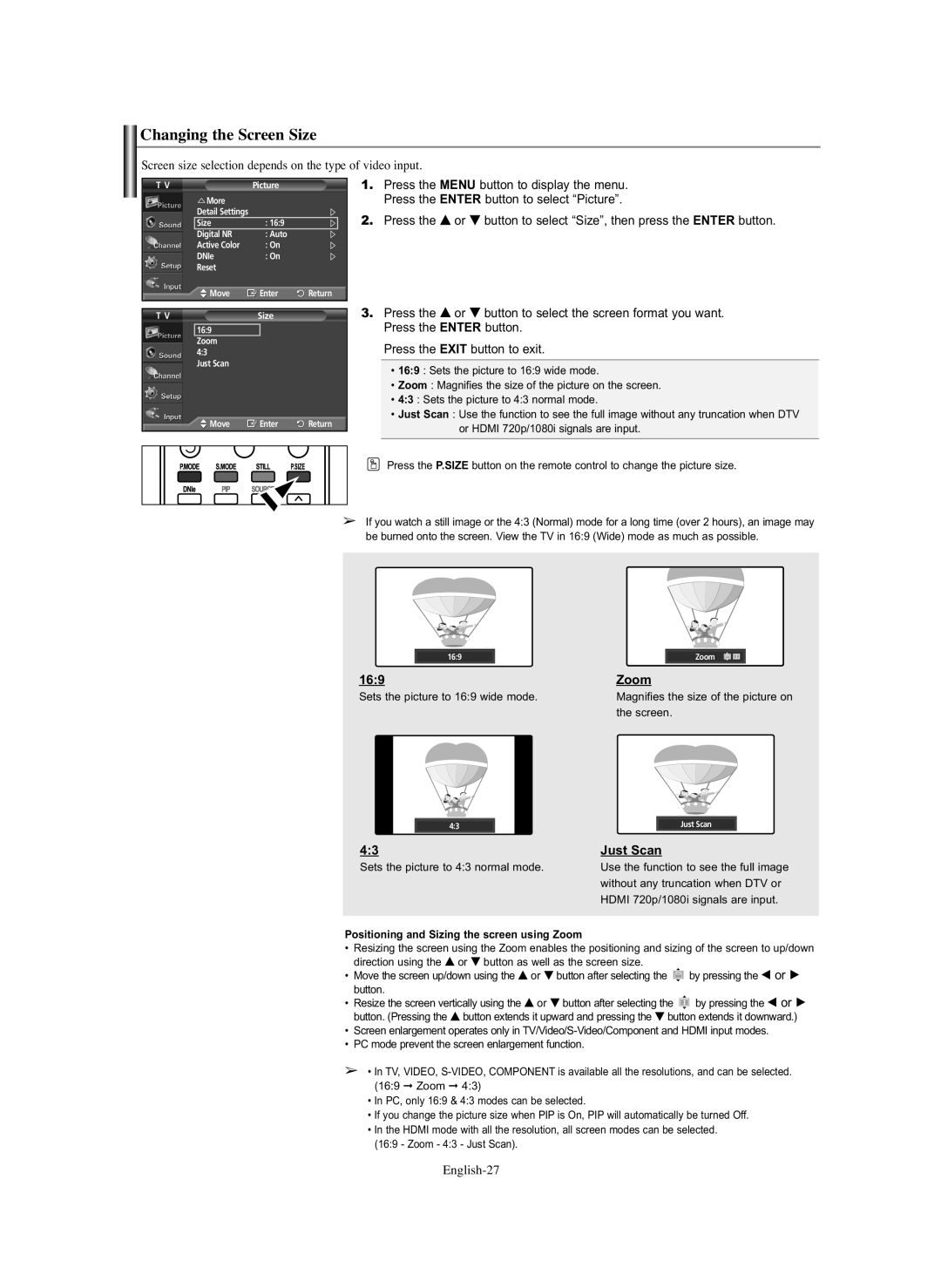 Samsung PL-42Q91HP, PL-50Q91HP Changing the Screen Size, 169, Just Scan, Positioning and Sizing the screen using Zoom 