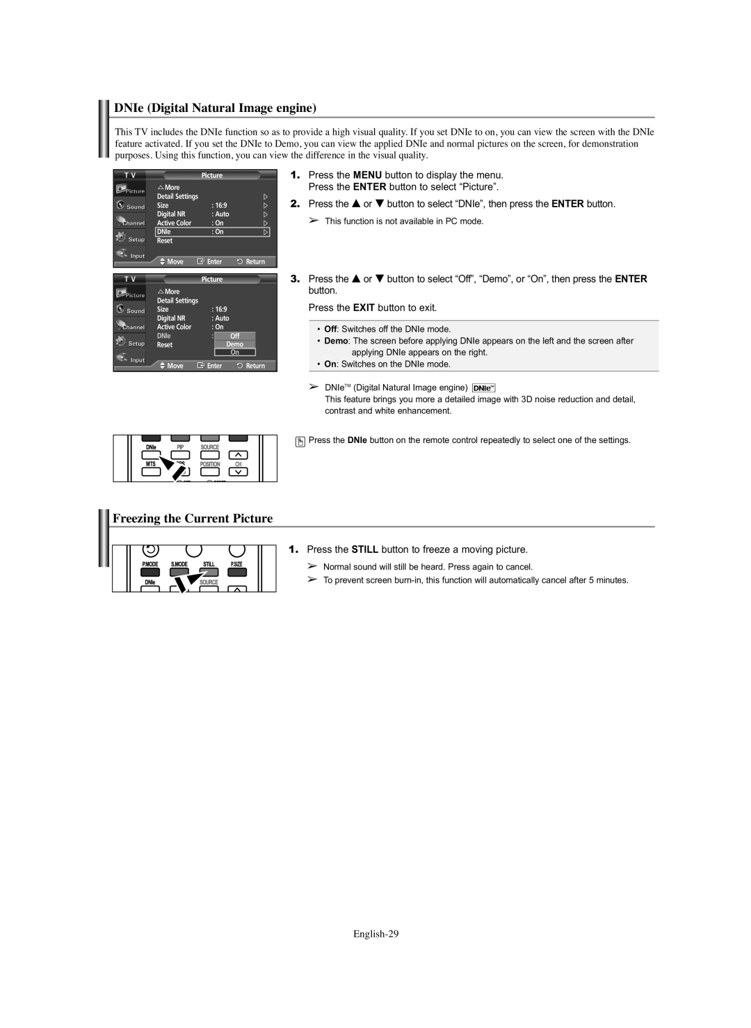 Samsung PL-50C91H, PL-50Q91HP, PL-42C91HP, PL-42Q91HP manual DNIe Digital Natural Image engine, Freezing the Current Picture 