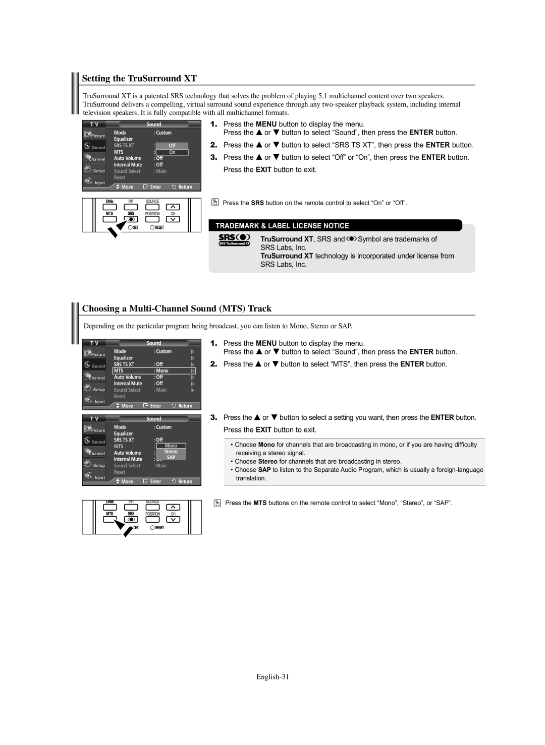 Samsung PL-42Q91HP, PL-50Q91HP, PL-50C91H, PL-42C91HP Setting the TruSurround XT, Choosing a Multi-Channel Sound MTS Track 