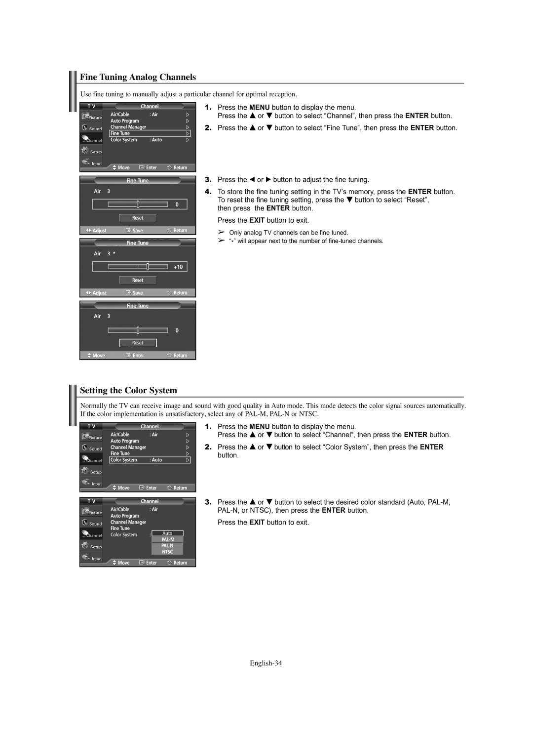 Samsung PL-42C91HP, PL-50Q91HP, PL-50C91H, PL-42Q91HP manual Fine Tuning Analog Channels, Setting the Color System 