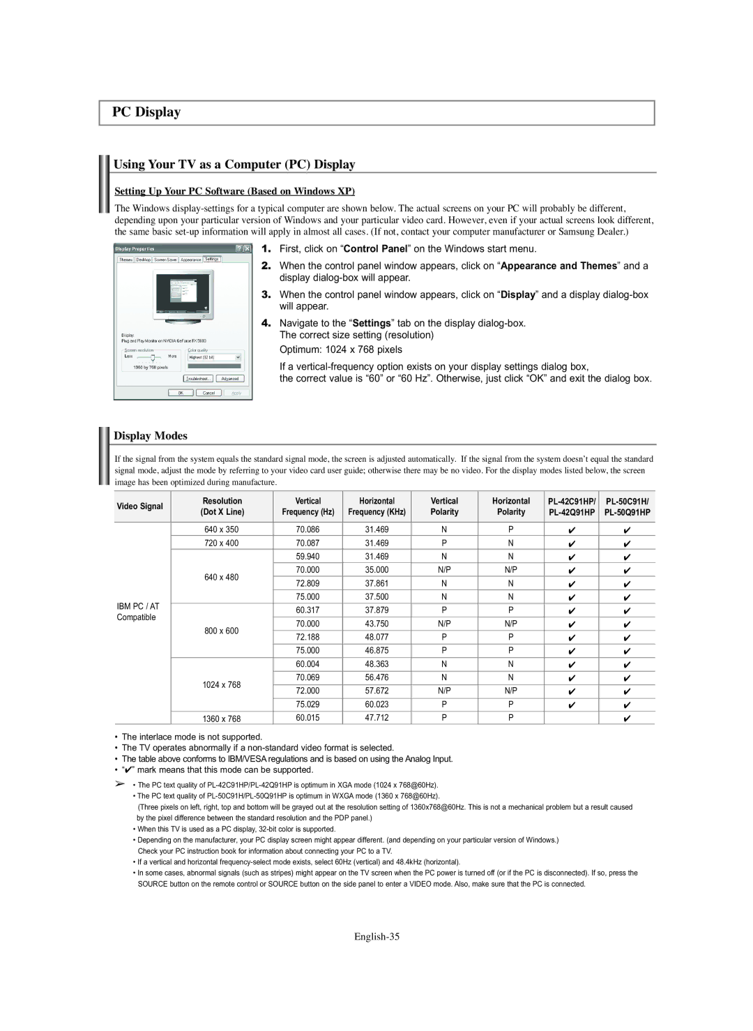 Samsung PL-42Q91HP, PL-50Q91HP Using Your TV as a Computer PC Display, Setting Up Your PC Software Based on Windows XP 