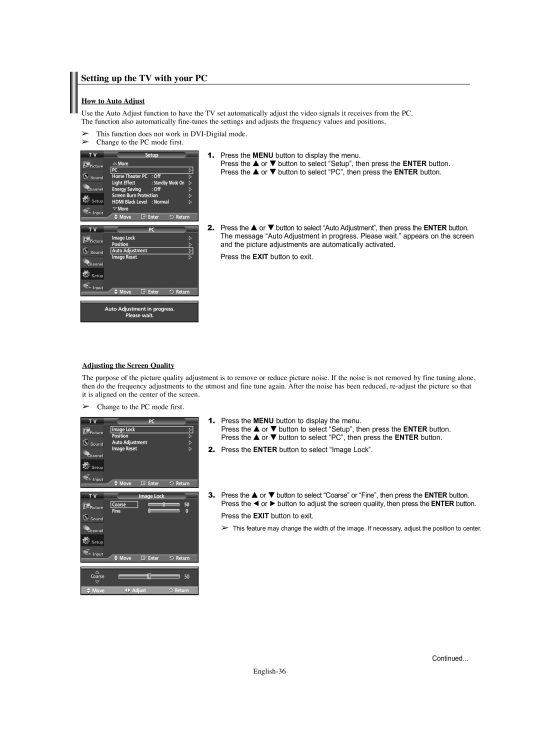 Samsung PL-50Q91HP, PL-50C91H, PL-42C91HP Setting up the TV with your PC, How to Auto Adjust, Adjusting the Screen Quality 