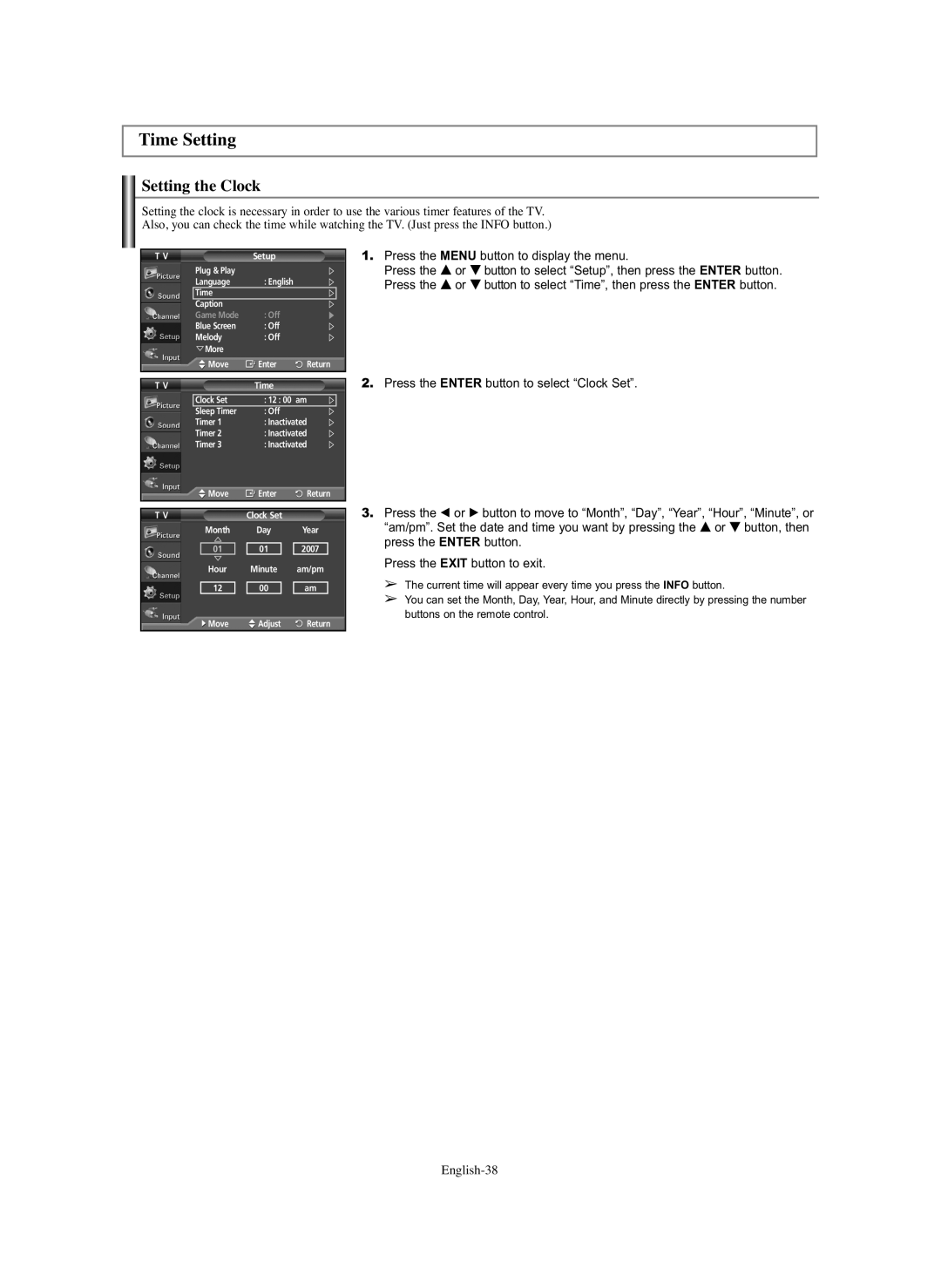 Samsung PL-42C91HP, PL-50Q91HP, PL-50C91H, PL-42Q91HP manual Time Setting, Setting the Clock 