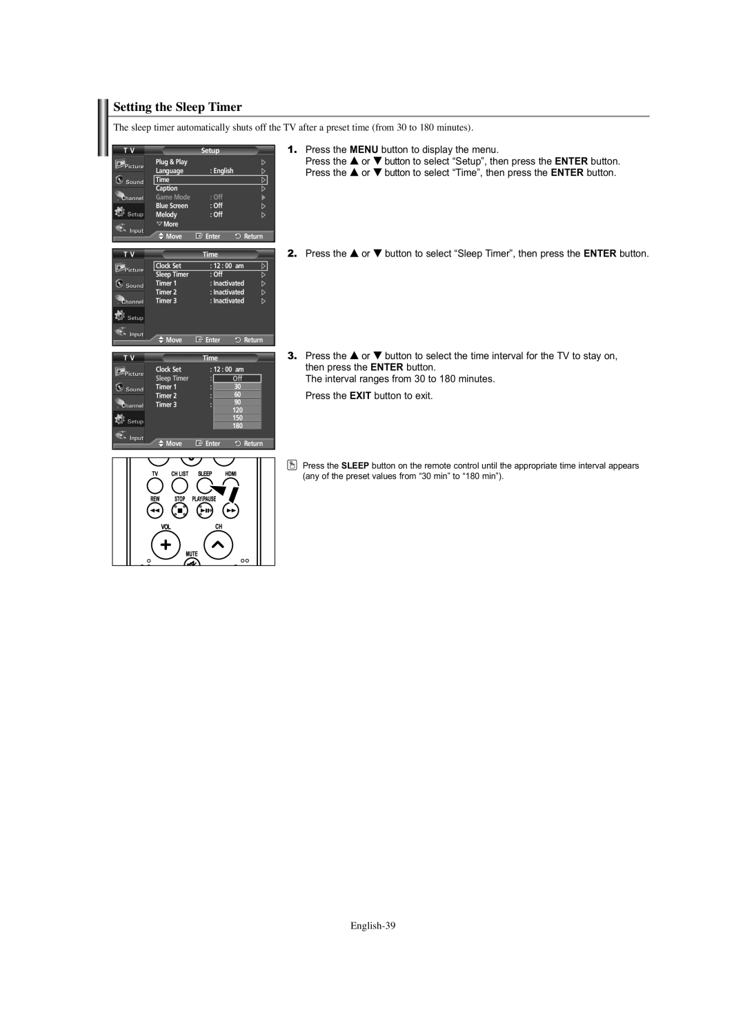 Samsung PL-42Q91HP, PL-50Q91HP, PL-50C91H, PL-42C91HP manual Setting the Sleep Timer 