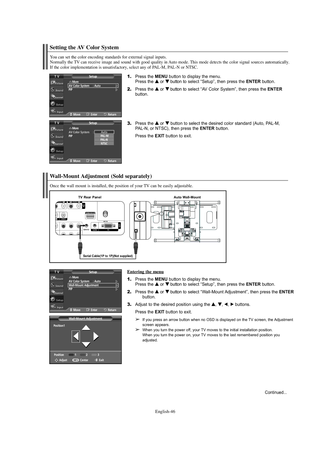 Samsung PL-42C91HP, PL-50Q91HP manual Setting the AV Color System, Wall-Mount Adjustment Sold separately, Entering the menu 