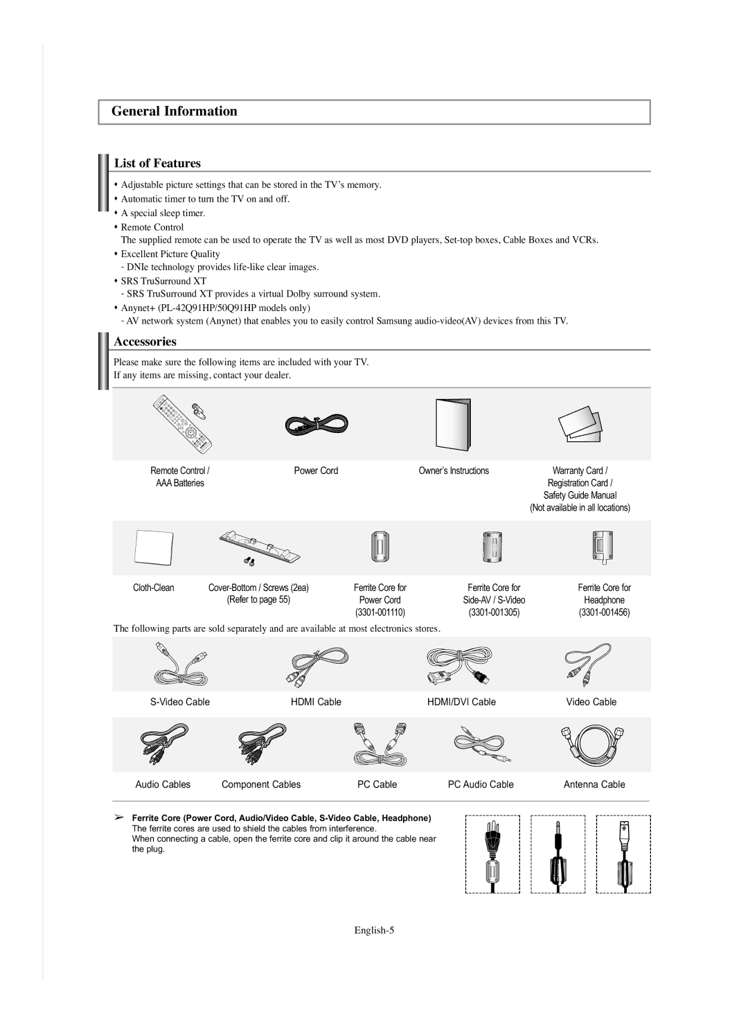 Samsung PL-50C91H, PL-50Q91HP, PL-42C91HP, PL-42Q91HP manual General Information, List of Features, Accessories 