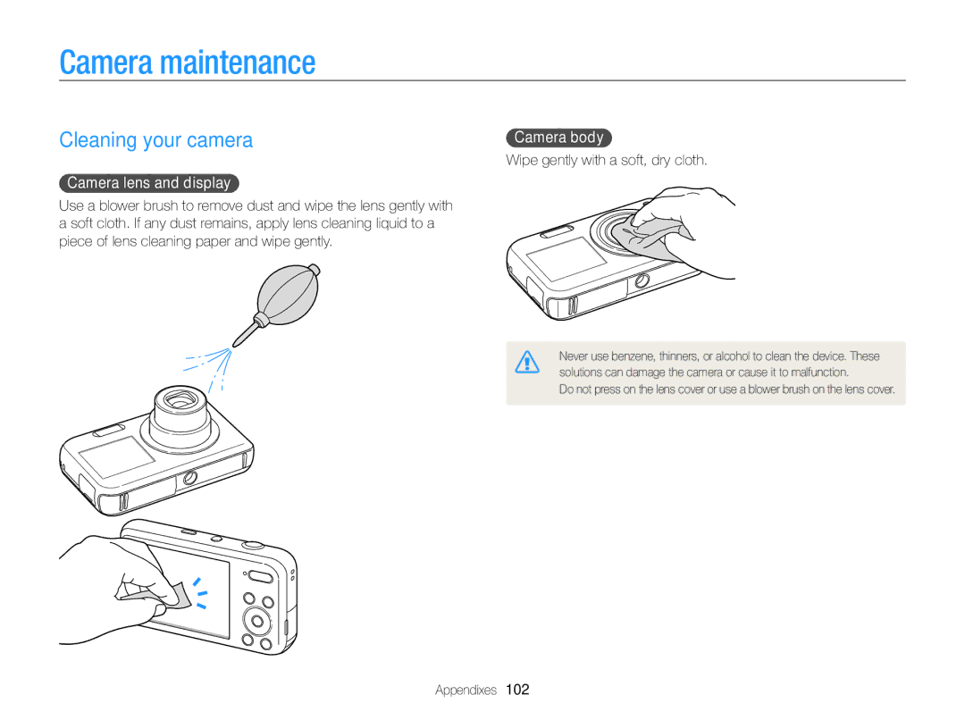 Samsung PL120, PL121 user manual Camera maintenance, Cleaning your camera, Camera lens and display, Camera body 