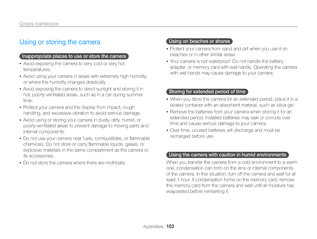 Samsung PL121, PL120 user manual Using or storing the camera, Camera maintenance 