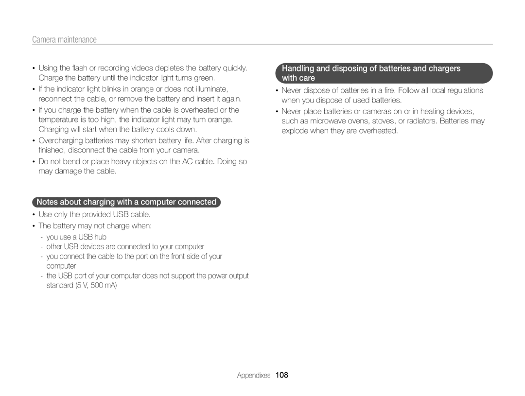 Samsung PL120, PL121 user manual Handling and disposing of batteries and chargers with care 