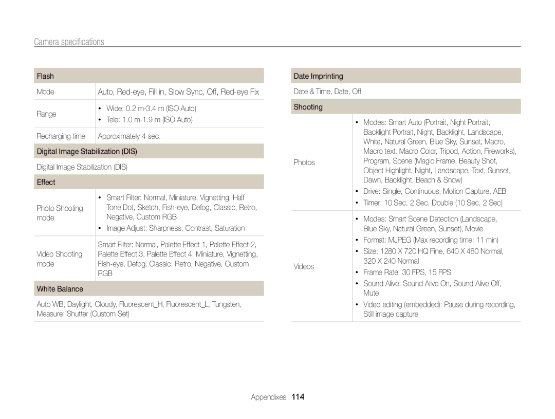 Samsung PL120, PL121 user manual Camera speciﬁcations 