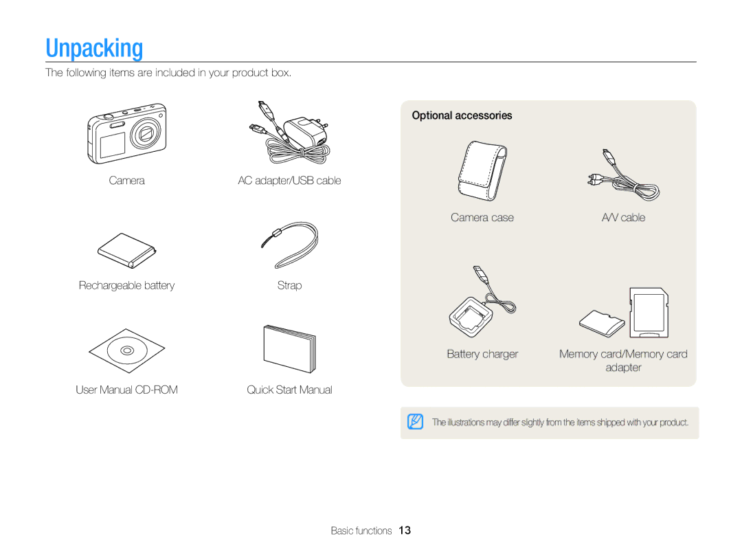 Samsung PL121, PL120 user manual Unpacking, Camera case, Rechargeable battery, Battery charger, Basic functions 