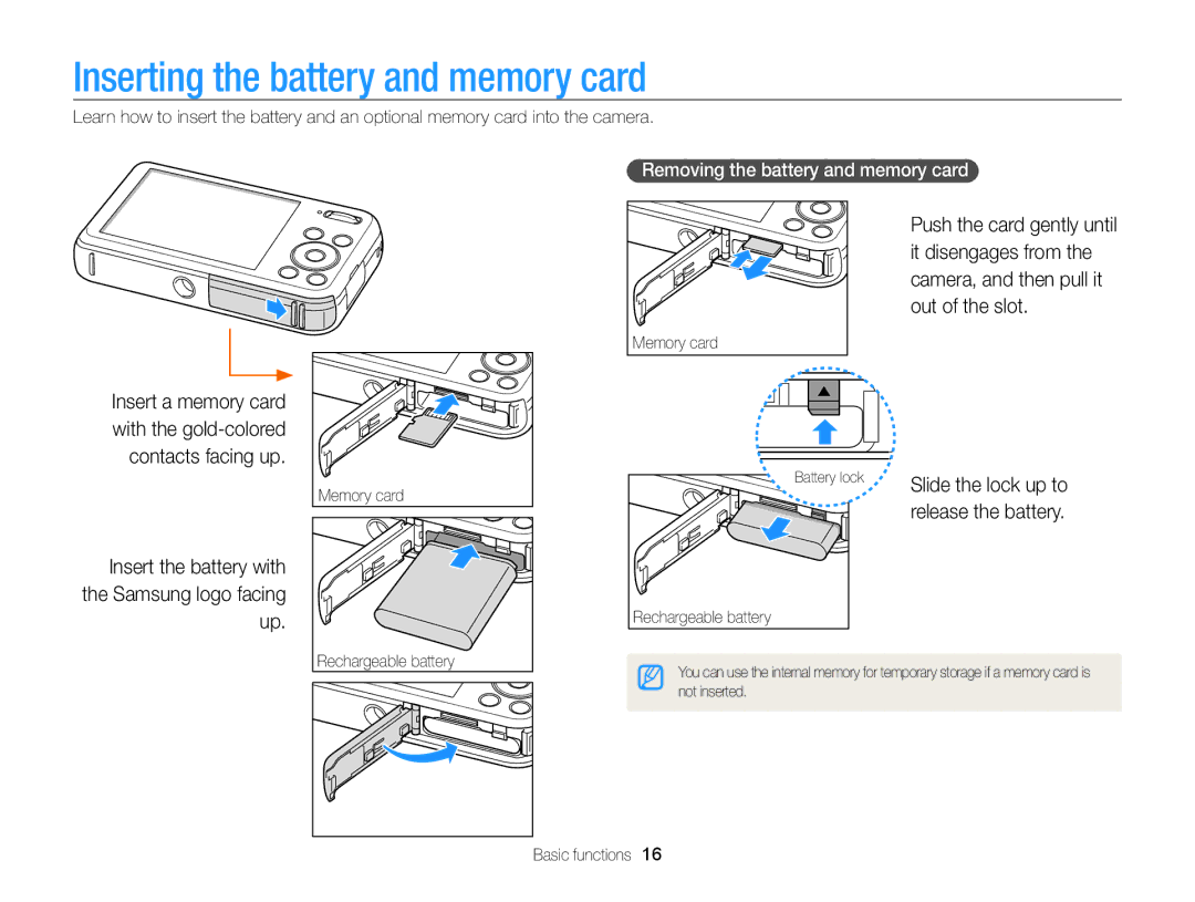 Samsung PL120, PL121 Inserting the battery and memory card, Removing the battery and memory card, Slide the lock up to 