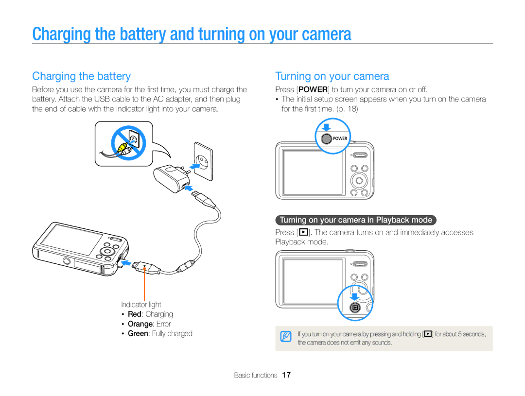 Samsung PL121, PL120 user manual Charging the battery and turning on your camera, Turning on your camera 