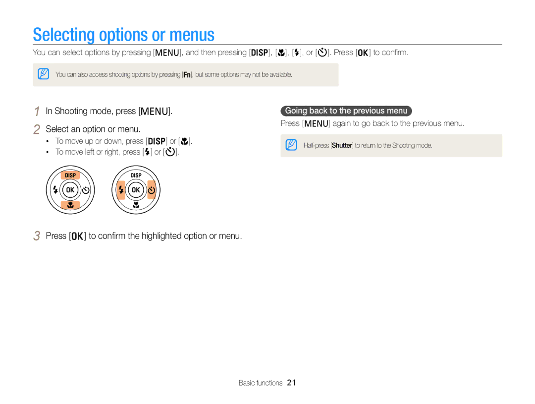 Samsung PL121 Selecting options or menus, Shooting mode, press m Select an option or menu, Going back to the previous menu 