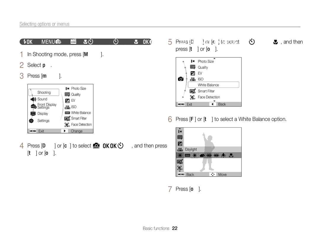 Samsung PL120, PL121 user manual Selecting options or menus 