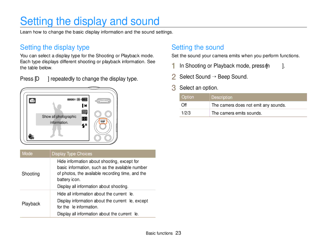 Samsung PL121, PL120 user manual Setting the display and sound, Setting the display type, Setting the sound 