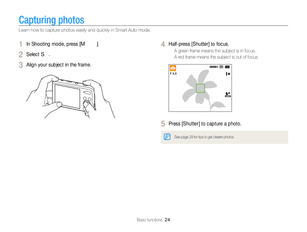 Samsung PL120, PL121 user manual Capturing photos, Shooting mode, press M Select S Half-press Shutter to focus 