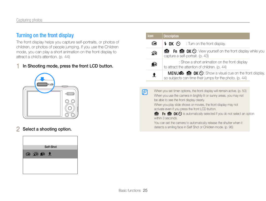 Samsung PL121, PL120 user manual Turning on the front display, Capturing photos, Front On Turn on the front display 