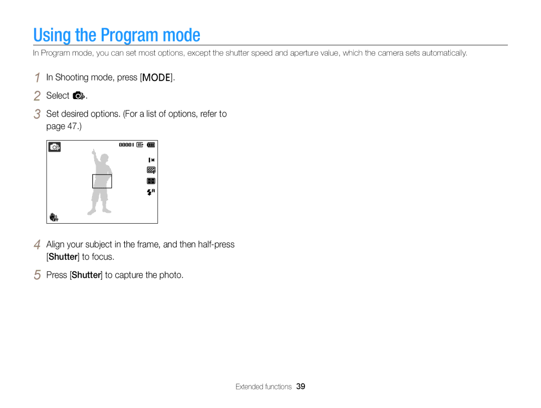 Samsung PL121, PL120 user manual Using the Program mode 