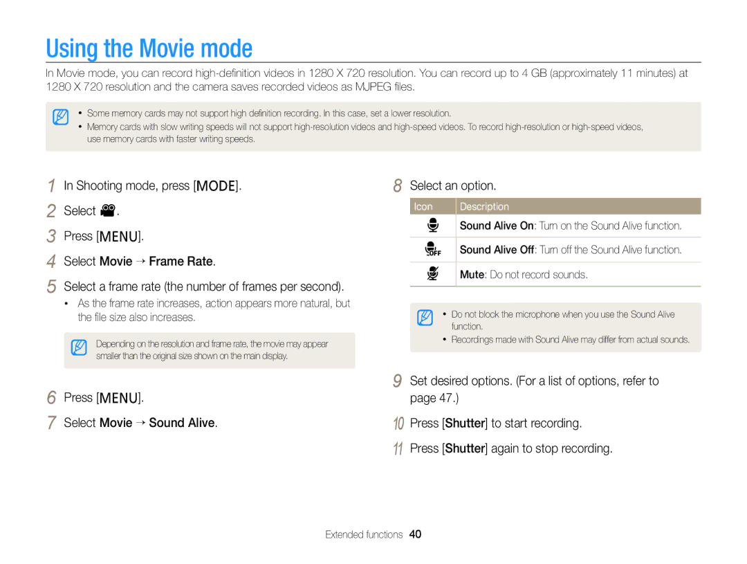 Samsung PL120, PL121 user manual Using the Movie mode, Mute Do not record sounds 