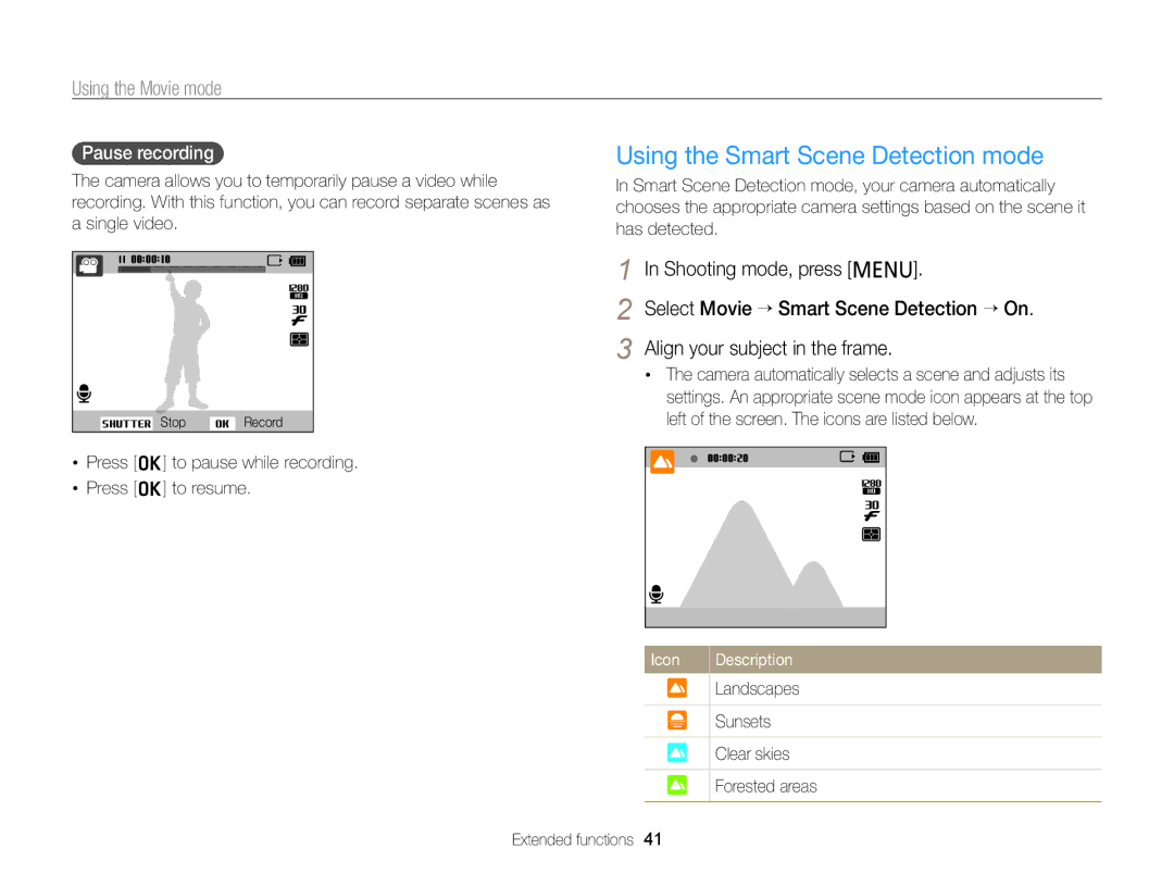 Samsung PL121, PL120 user manual Using the Smart Scene Detection mode, Using the Movie mode, Pause recording 