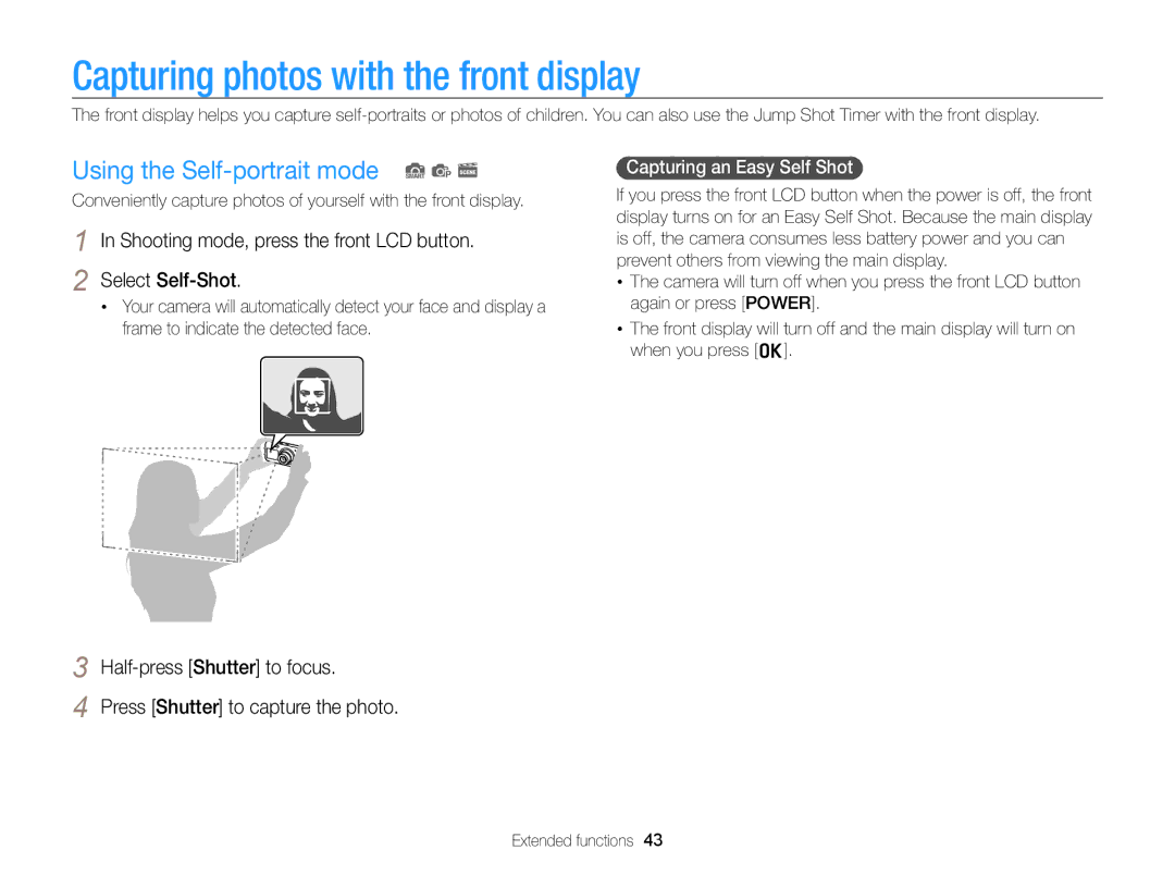 Samsung PL121 Capturing photos with the front display, Using the Self-portrait mode S p s, Capturing an Easy Self Shot 