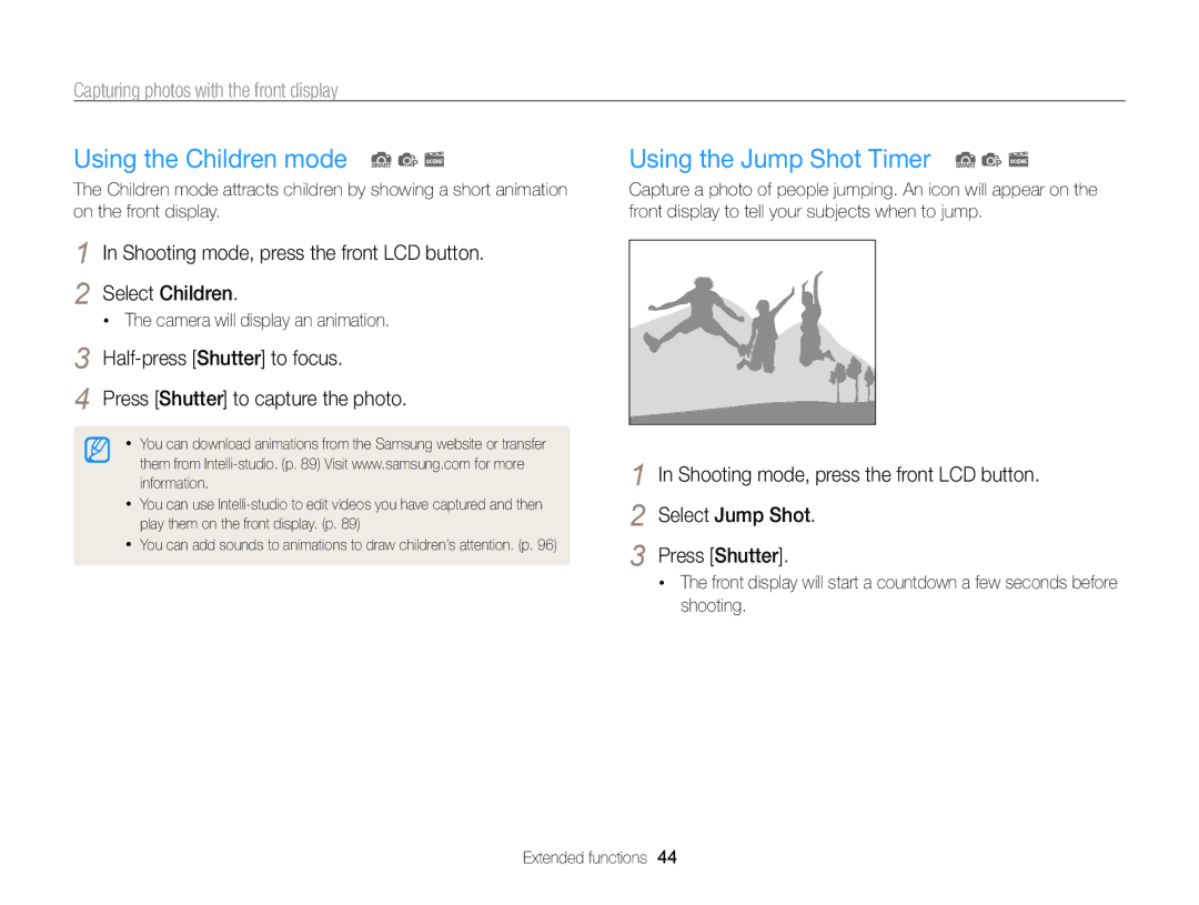 Samsung PL120 Using the Children mode S p s, Using the Jump Shot Timer S p s, Capturing photos with the front display 